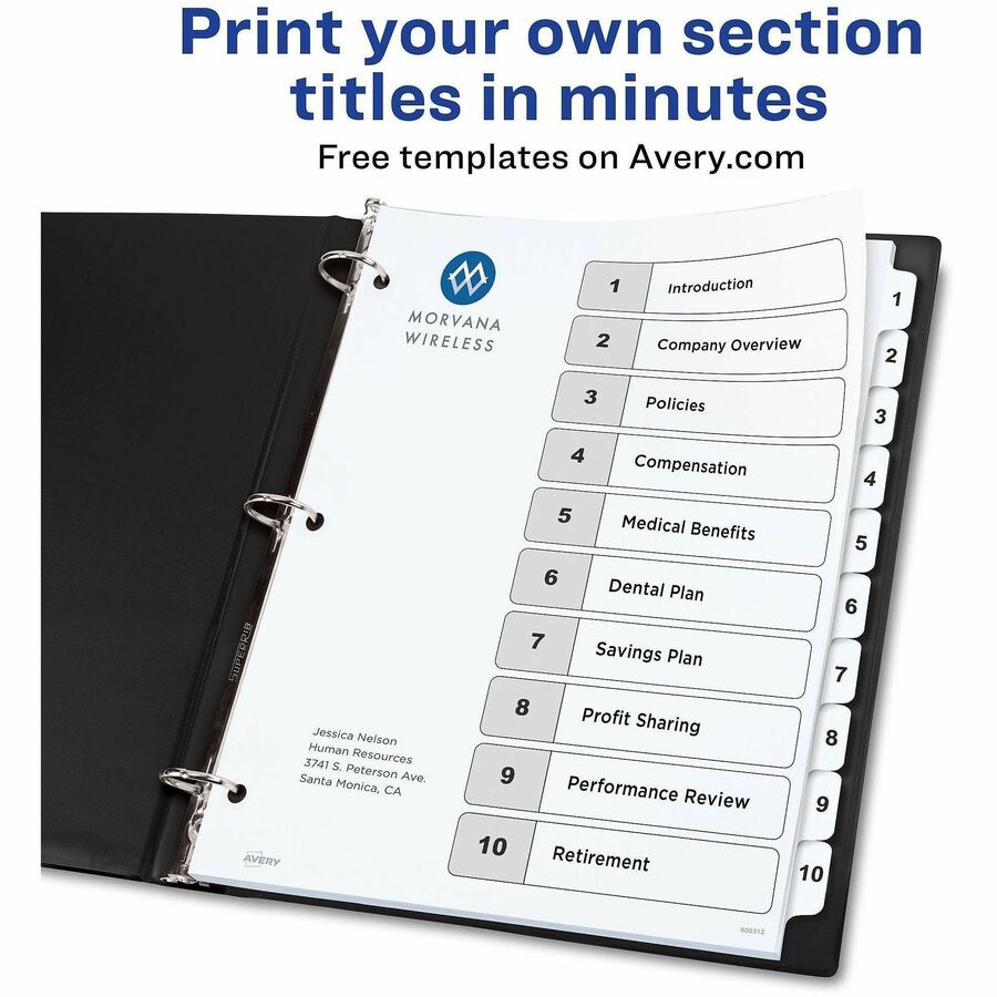 Avery&reg; Ready Index&reg; Table of Content Dividersfor Laser and Inkjet Printers, 10 tabs - 11134