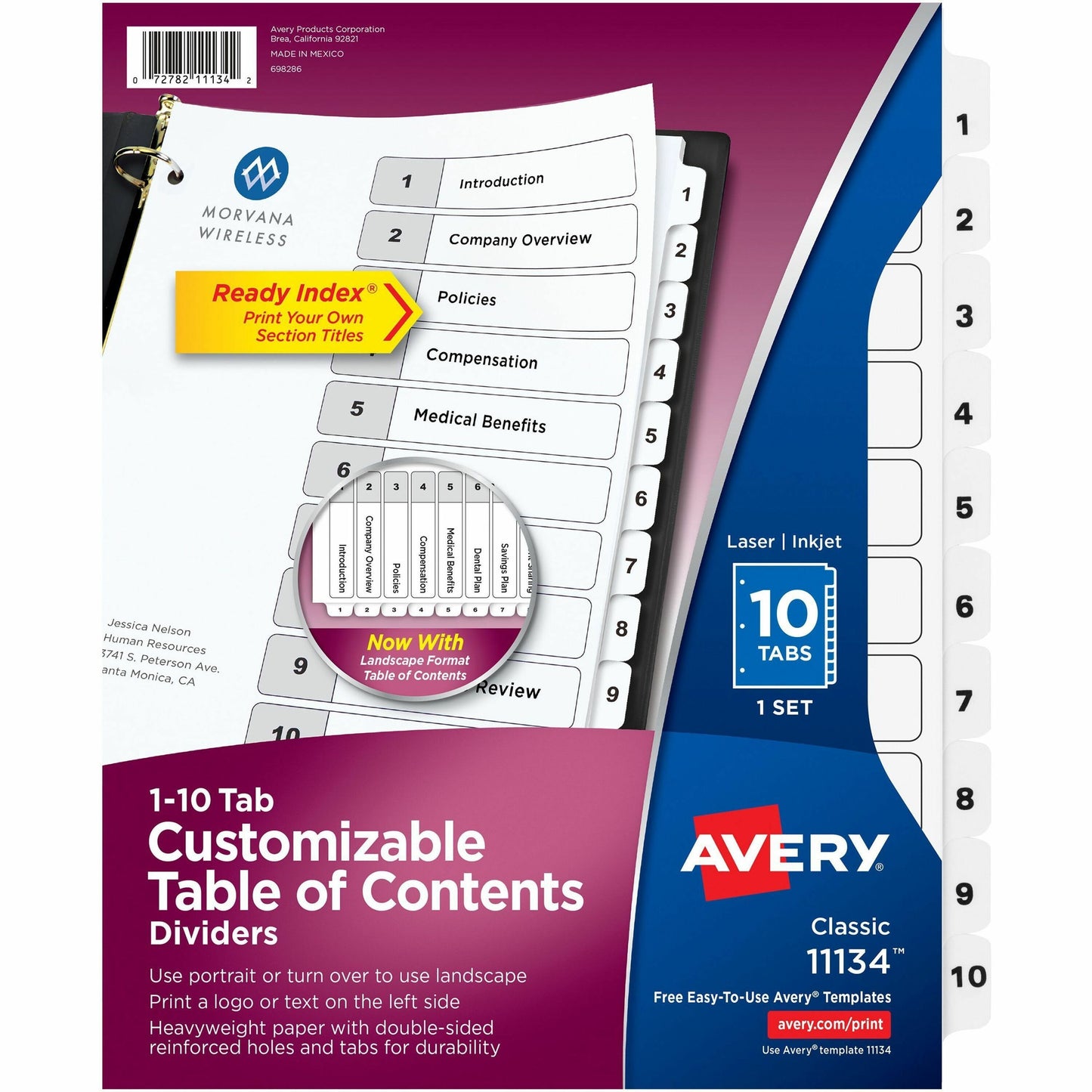 Avery&reg; Ready Index&reg; Table of Content Dividersfor Laser and Inkjet Printers, 10 tabs