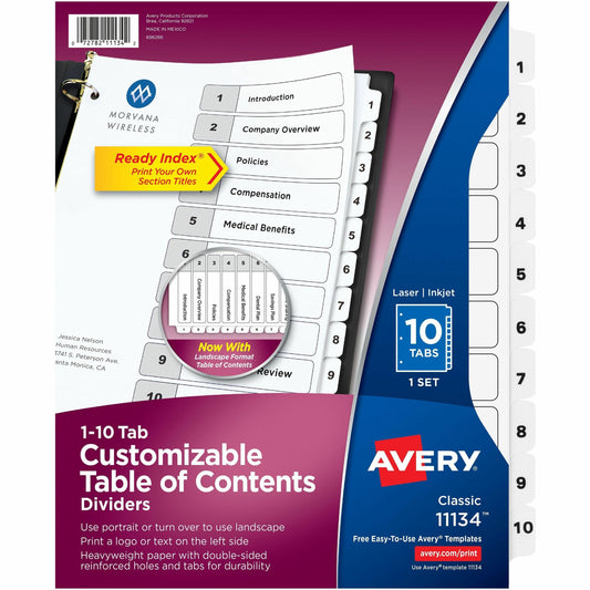 Avery&reg; Ready Index&reg; Table of Content Dividersfor Laser and Inkjet Printers, 10 tabs