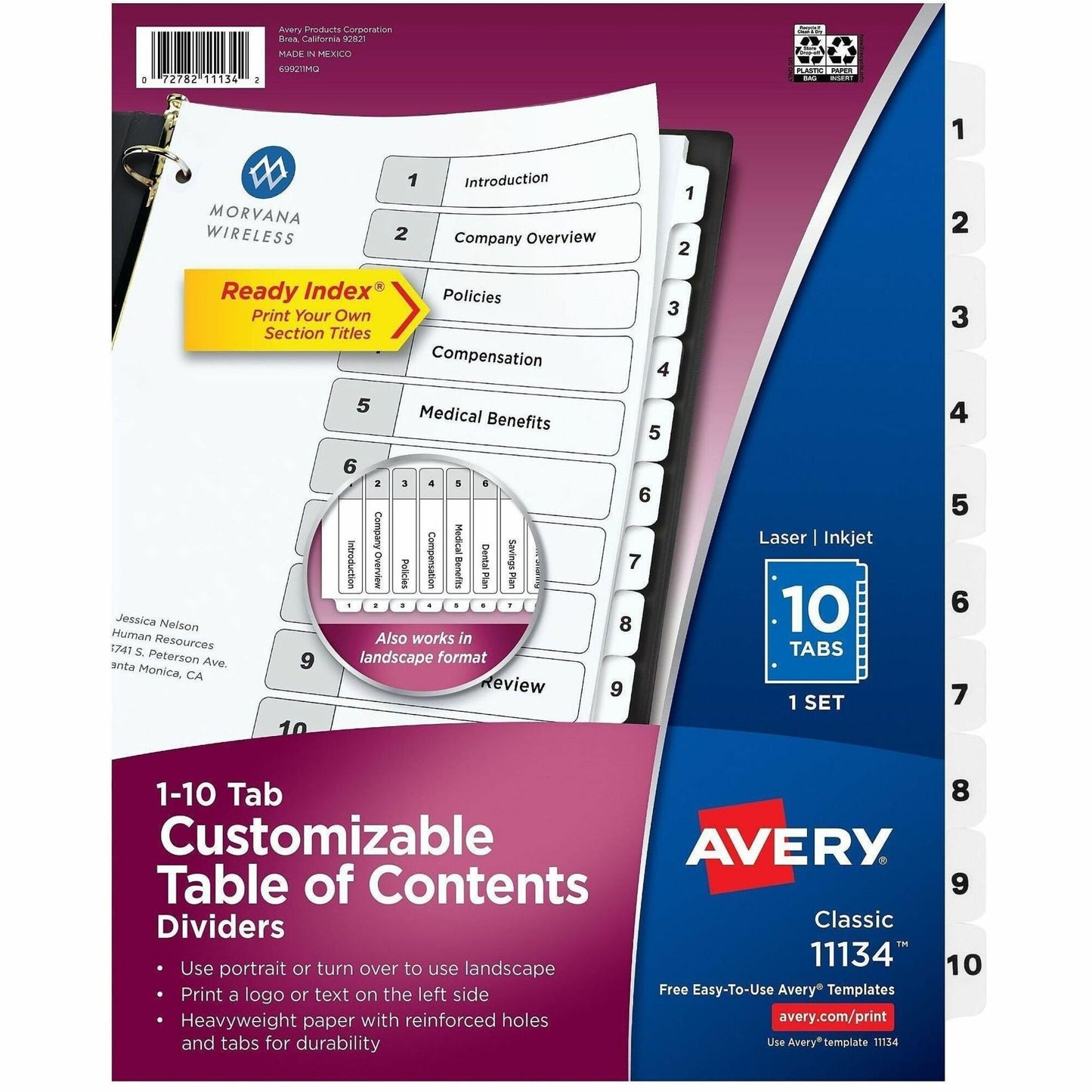 Avery&reg; Ready Index&reg; Table of Content Dividersfor Laser and Inkjet Printers, 10 tabs