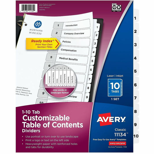 Avery&reg; Ready Index&reg; Table of Content Dividersfor Laser and Inkjet Printers, 10 tabs
