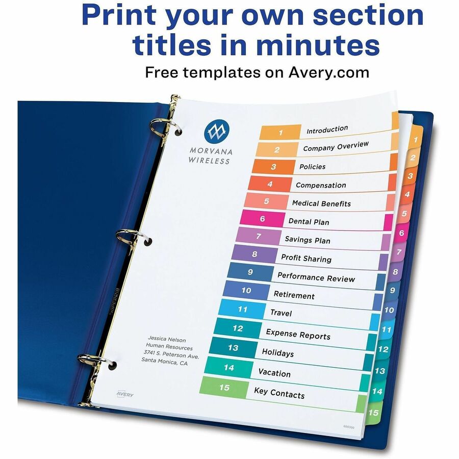 Avery&reg; Ready Index&reg; Table of Content Dividersfor Laser and Inkjet Printers, 15 tabs, 1 set - 11143