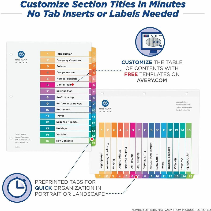 Avery&reg; Ready Index&reg; Table of Content Dividersfor Laser and Inkjet Printers, 15 tabs, 1 set - 11143