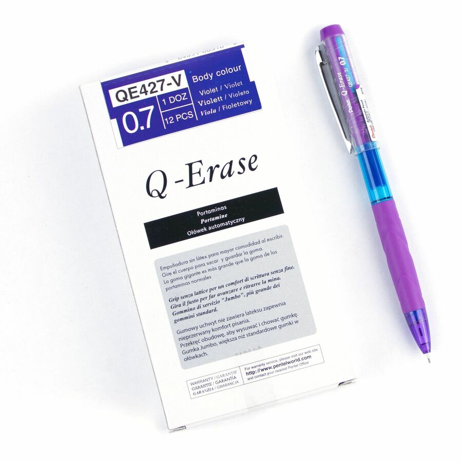 Pentel Q-ERASE Mechanical Pencil, 0.7mm Violet Barrel - QE427V