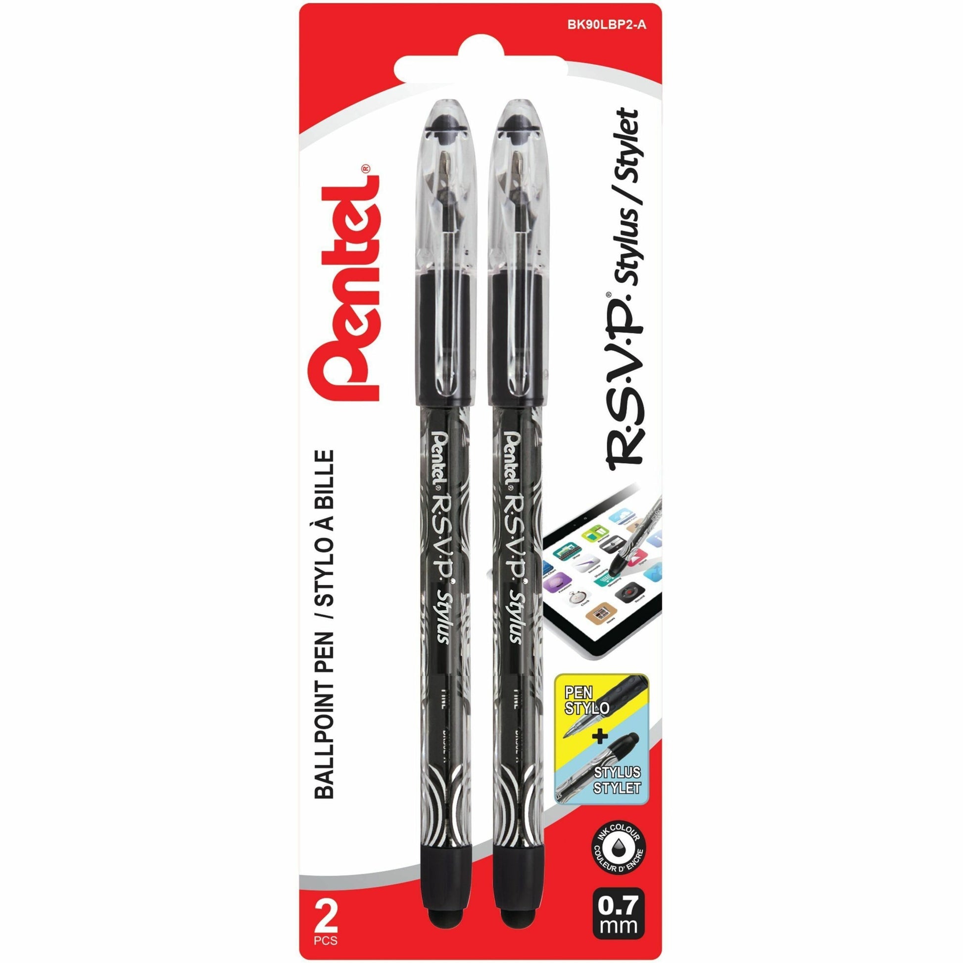 Pentel R.S.V.P. Stylus Ballpoint Pen, (0.7mm), Black Ink, 2PC Pack