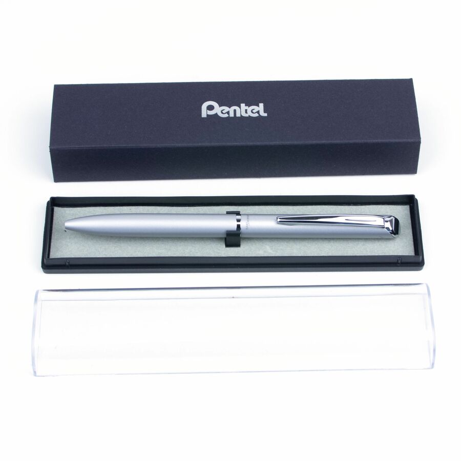 Pentel EnerGel Retractable Liquid Gel Pen, (0.7mm) Silver Metal Body, Black Ink, Gift Case - BL2007Z-AE1