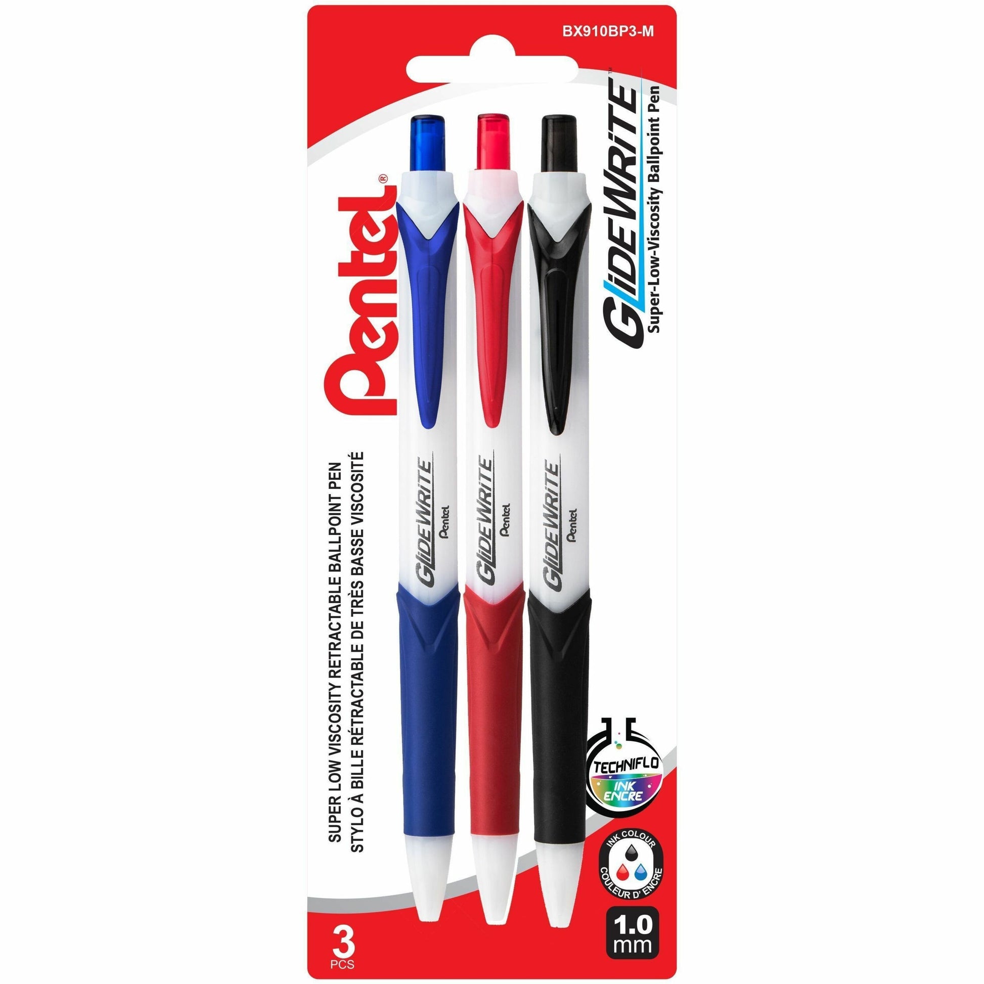Pentel GlideWrite Ballpoint Pen with TechnIFlo Ink, (1.0mm) Bold Point, 3PC Assorted Pack