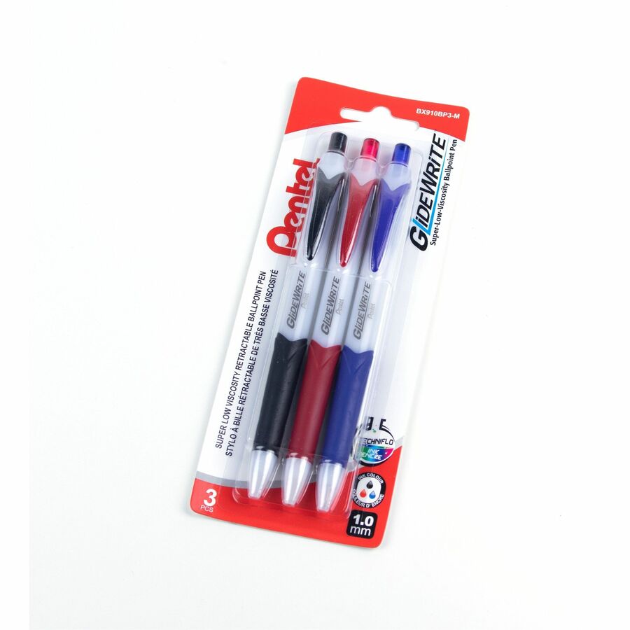 Pentel GlideWrite Ballpoint Pen with TechnIFlo Ink, (1.0mm) Bold Point, 3PC Assorted Pack - BX910BP3-M