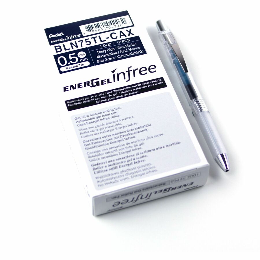 Pentel Infree Retractable Liquid Gel Pen, (0.5mm) Needle Tip, Navy Blue Ink - BLN75TL-CA