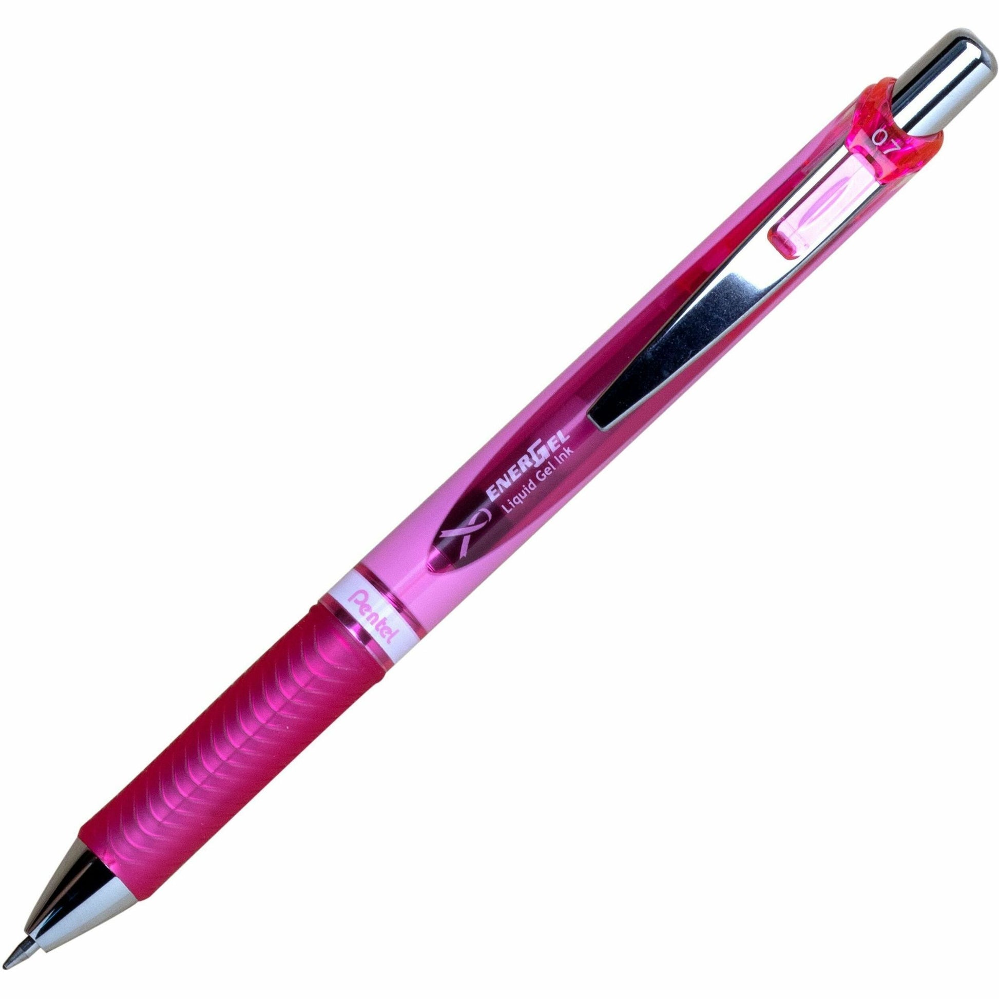 Pentel EnerGel Retractable Gel Roller, (0.7mm) Metal Tip, Pink Ribbon Barrel, Black Ink