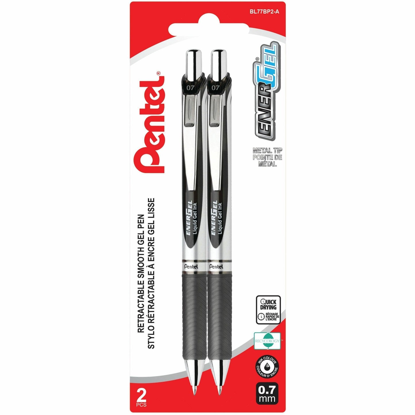 Pentel EnerGel Retractable Gel Roller, (0.7mm) Metal Tip, Black Ink, 2PC Pack
