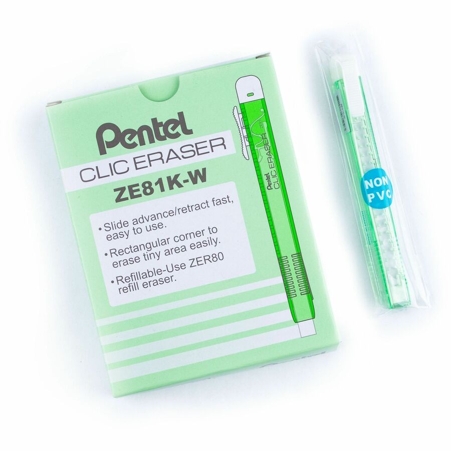 Pentel CLIC ERASER, Rectangular Retractable Eraser, Green Transparent Barrel - ZE81K-W