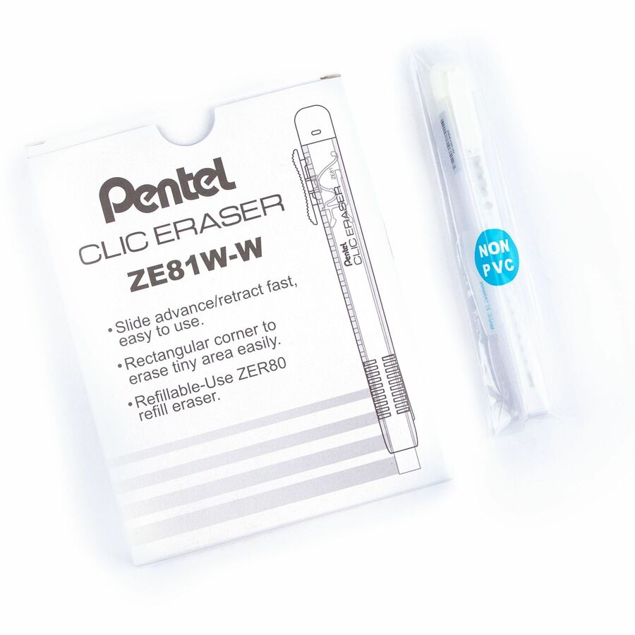 Pentel CLIC ERASER, Rectangular Retractable Eraser, White Transparent Barrel - ZE81W-W