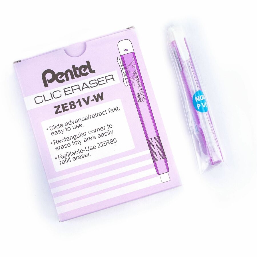 Pentel CLIC ERASER, Rectangular Retractable Eraser, Violet Transparent Barrel - ZE81V-W