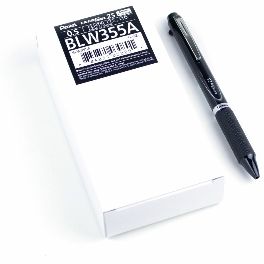 Pentel EnerGel 2S Multi-Function, 2-Ink + Pencil, (0.5mm), Black/Red Ink/0.5mm Pencil, Black Barrel - BLW355A