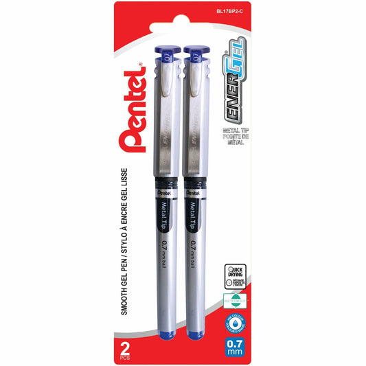 Pentel EnerGel Liquid Gel Pen, (0.7mm) Metal Tip, Capped, Blue Ink, 2PC Pack