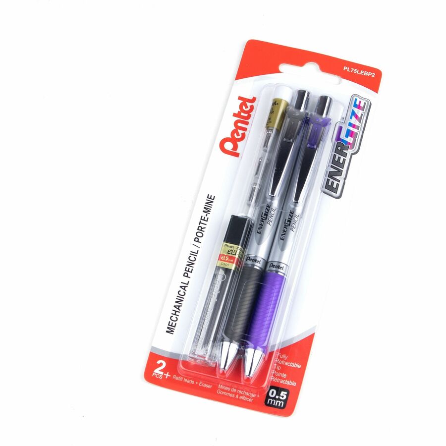 Pentel EnerGize Retractable Mechanical Pencil (0.5mm) with Lead and Erasers, 2PC Pack - PL75LEBP2