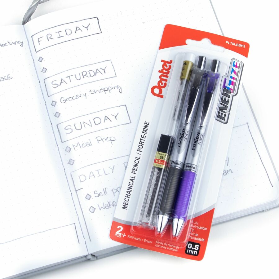 Pentel EnerGize Retractable Mechanical Pencil (0.5mm) with Lead and Erasers, 2PC Pack - PL75LEBP2