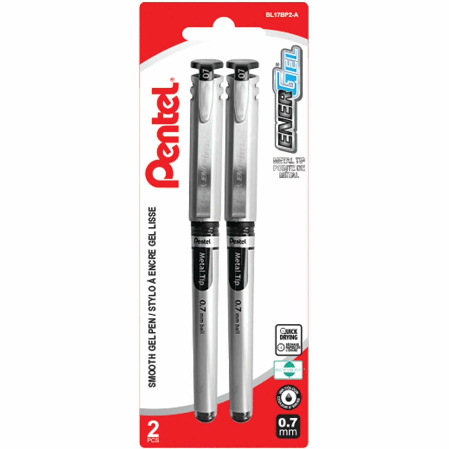 Pentel EnerGel Liquid Gel Pen, (0.7mm) Metal Tip, Capped, Black Ink, 2PC Pack