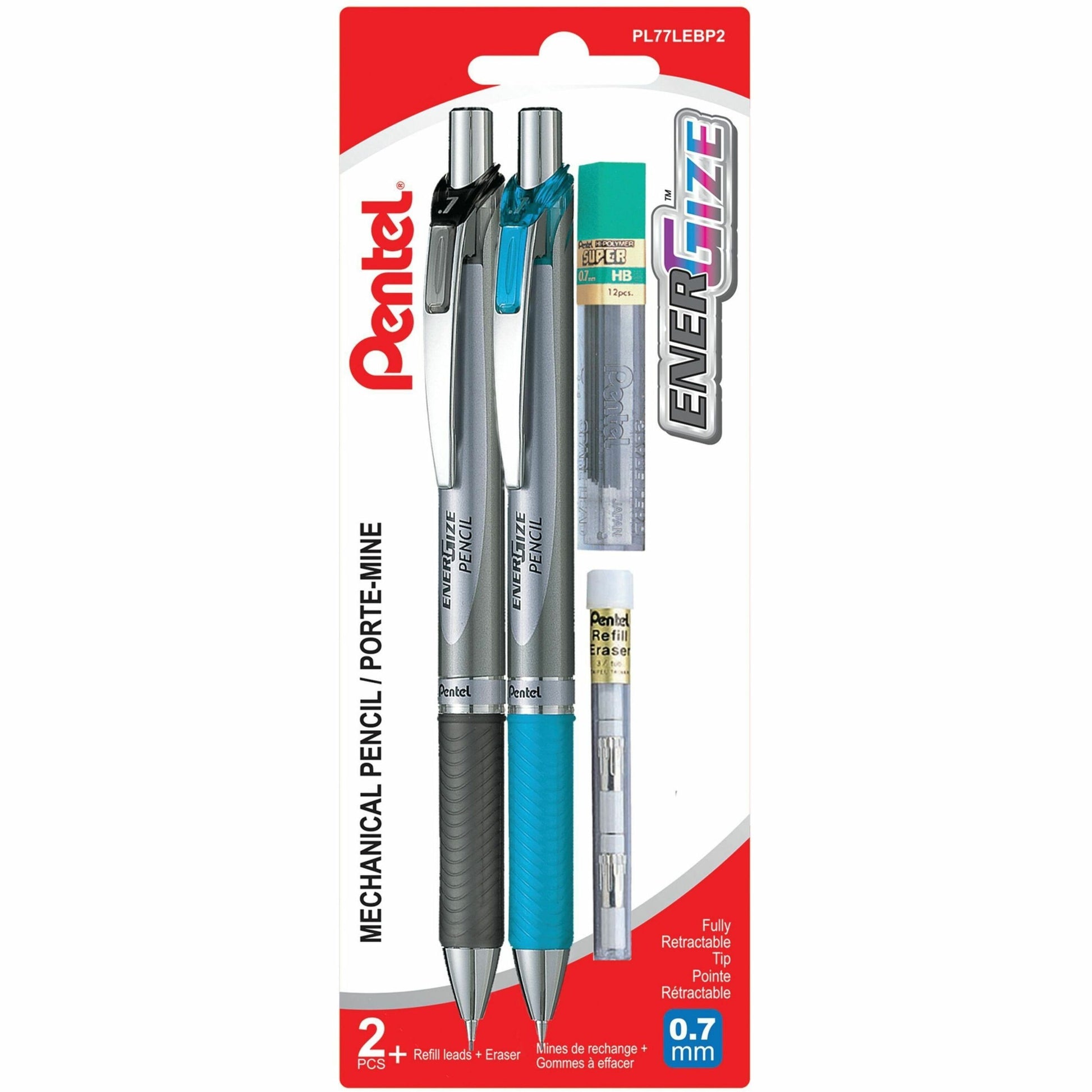 Pentel EnerGize Retractable Mechanical Pencil (0.7mm) 2PC Pack with 0.7mm Refill Lead and Refill Eraser