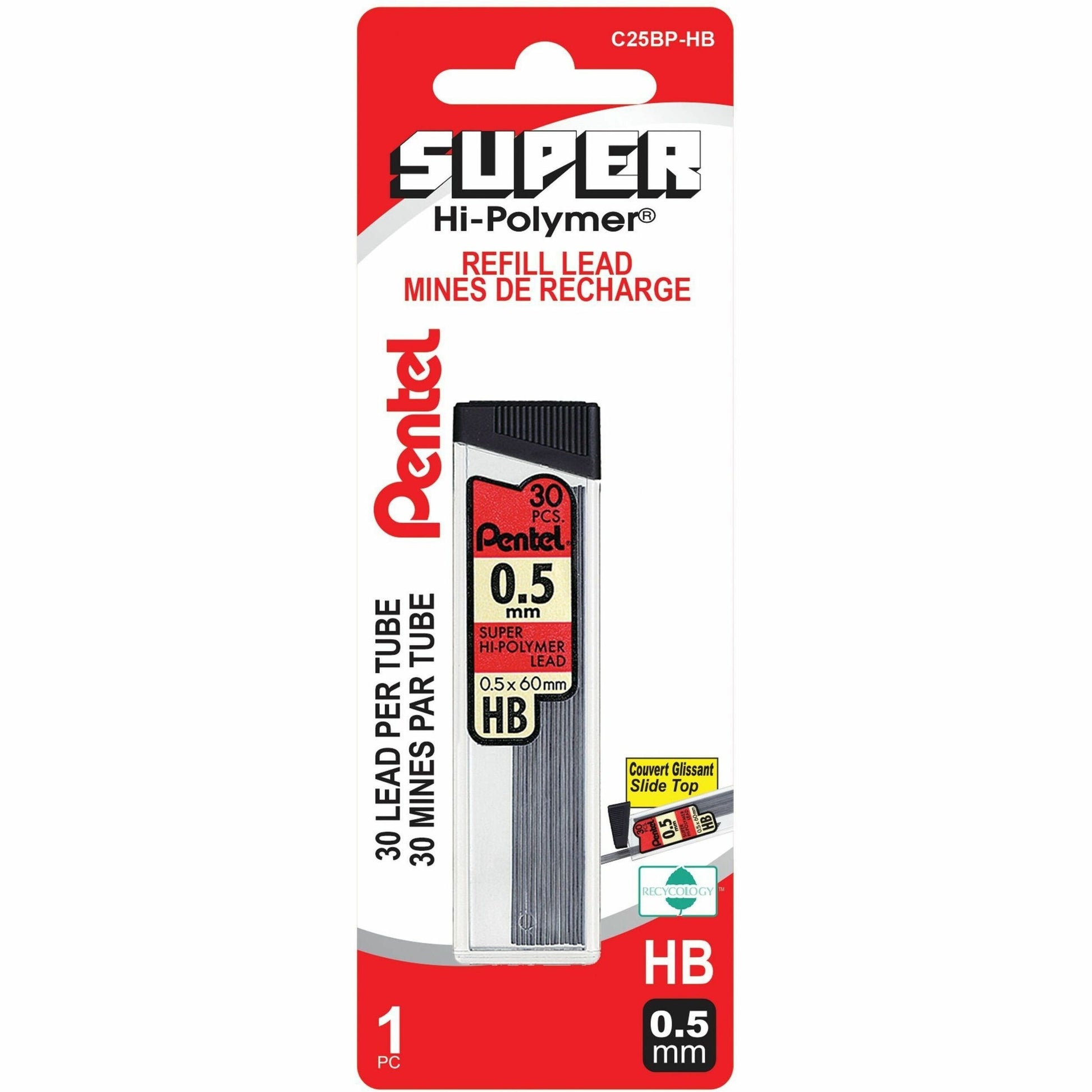 Pentel Super Hi-Polymer Lead Refill, 30 Leads Per Tube, HB, 0.5mm, 1PC Pack