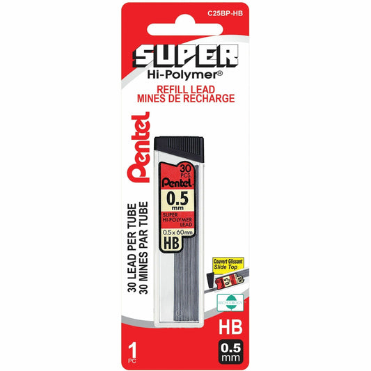 Pentel Super Hi-Polymer Lead Refill, 30 Leads Per Tube, HB, 0.5mm, 1PC Pack