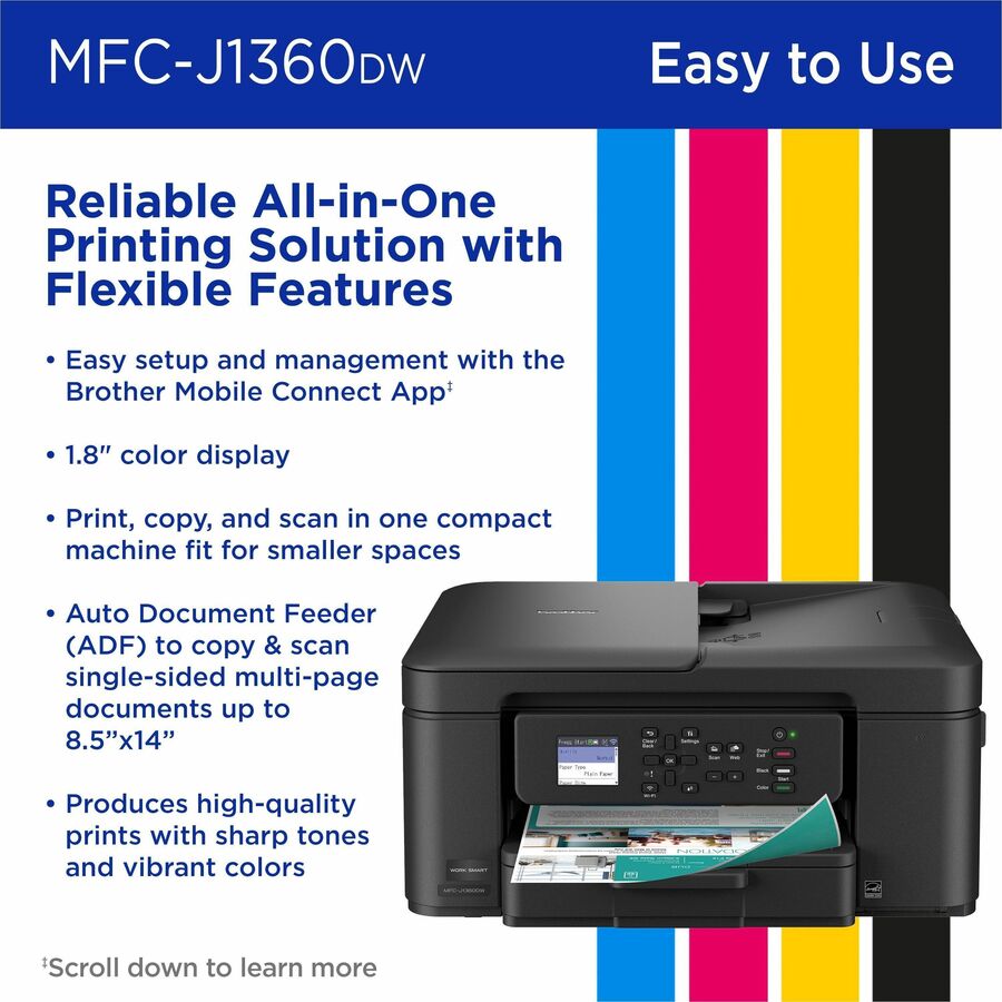 Brother Work Smart MFC-J1360DW Wired & Wireless Inkjet Multifunction Printer - Color - Black - MFCJ1360DW