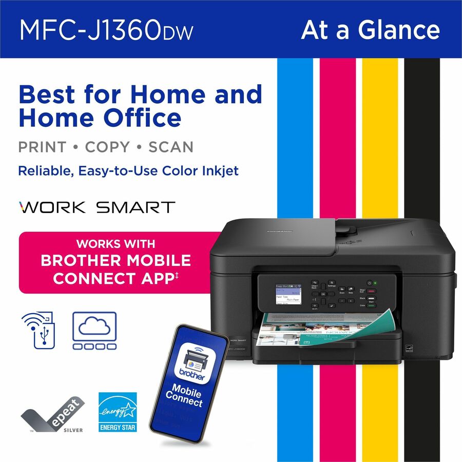 Brother Work Smart MFC-J1360DW Wired & Wireless Inkjet Multifunction Printer - Color - Black - MFCJ1360DW