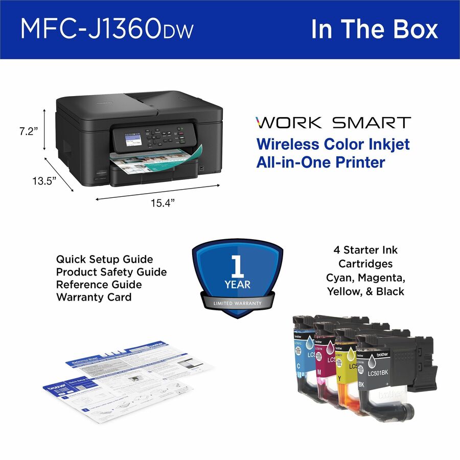 Brother Work Smart MFC-J1360DW Wired & Wireless Inkjet Multifunction Printer - Color - Black - MFCJ1360DW