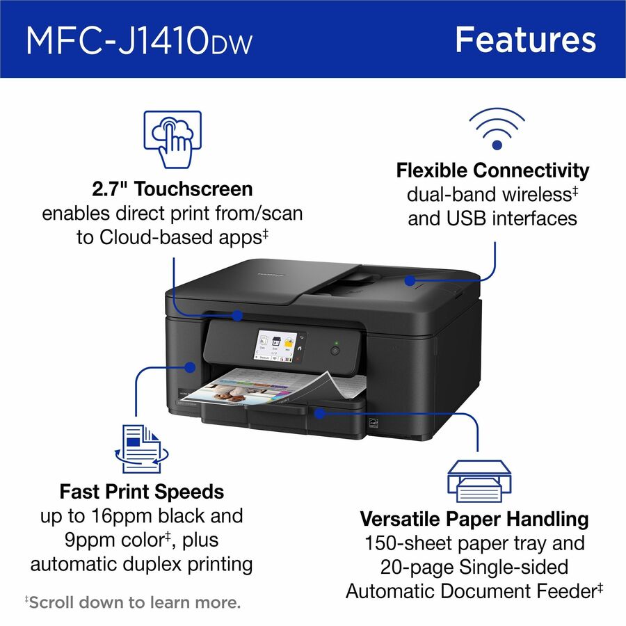 Brother Work Smart MFC-J1410DW Wired & Wireless Inkjet Multifunction Printer - Color - Black - MFCJ1410DW