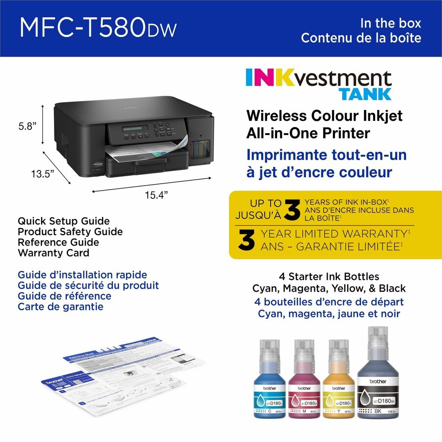 Brother MFC-T580DW Wired & Wireless INKvestment Tank Inkjet Multifunction Printer - Color - MFCT580DW