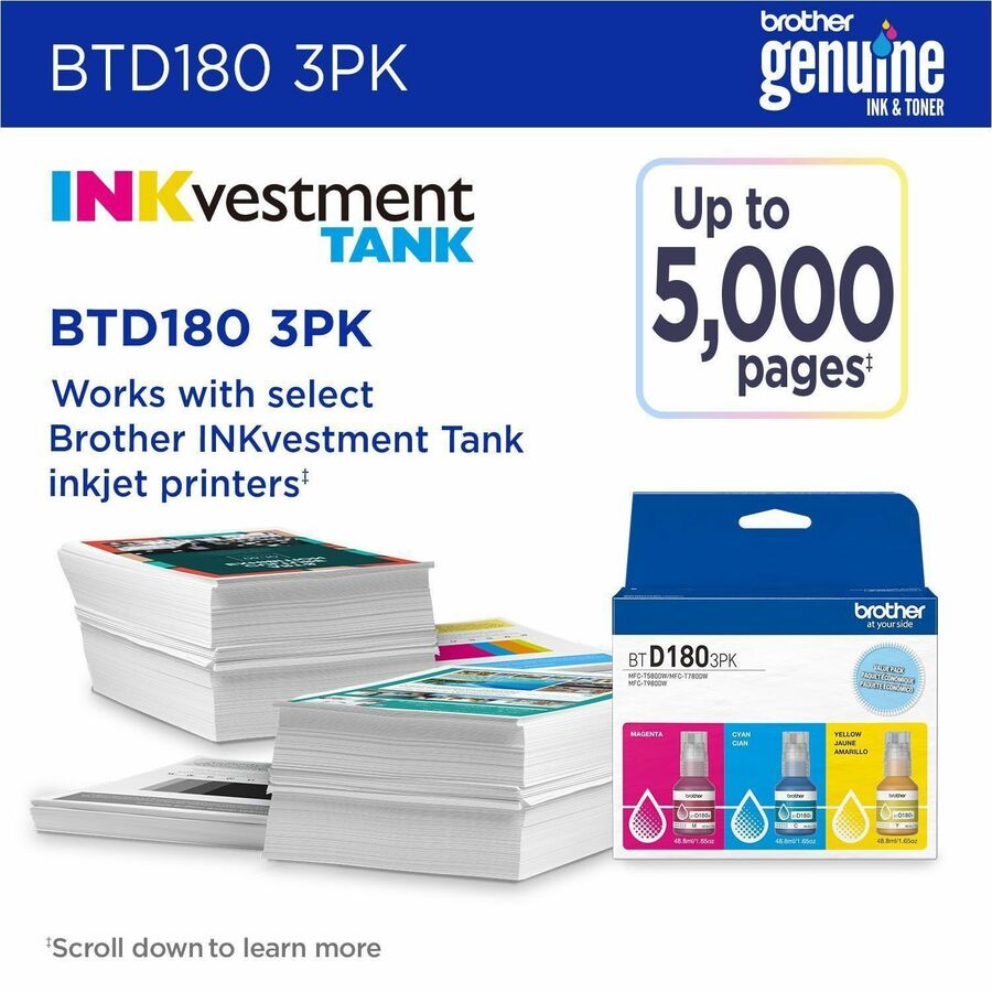 Brother Genuine BTD1803PK 3-Pack High Yield Cyan, Magenta, and Yellow Ink Bottles - BTD1803PKS