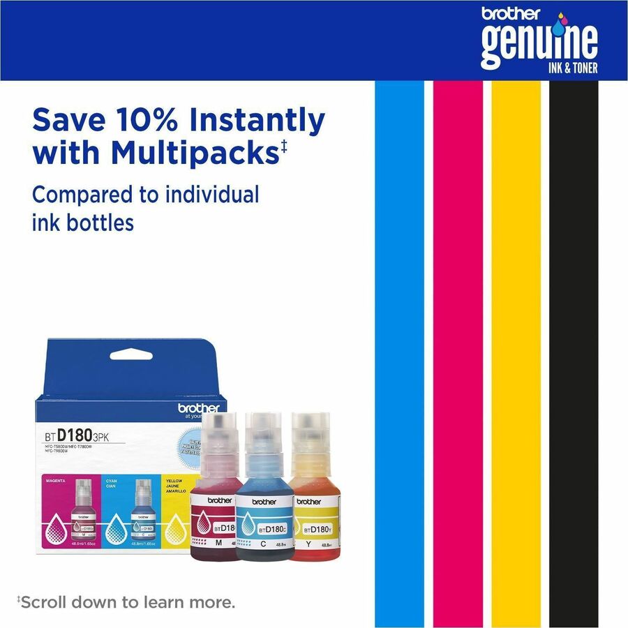 Brother Genuine BTD1803PK 3-Pack High Yield Cyan, Magenta, and Yellow Ink Bottles - BTD1803PKS