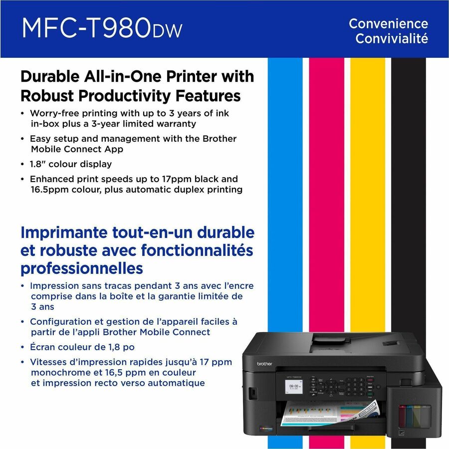 Brother MFC-T980DW Wired & Wireless INKvestment Tank Inkjet Multifunction Printer - Color - MFCT980DW