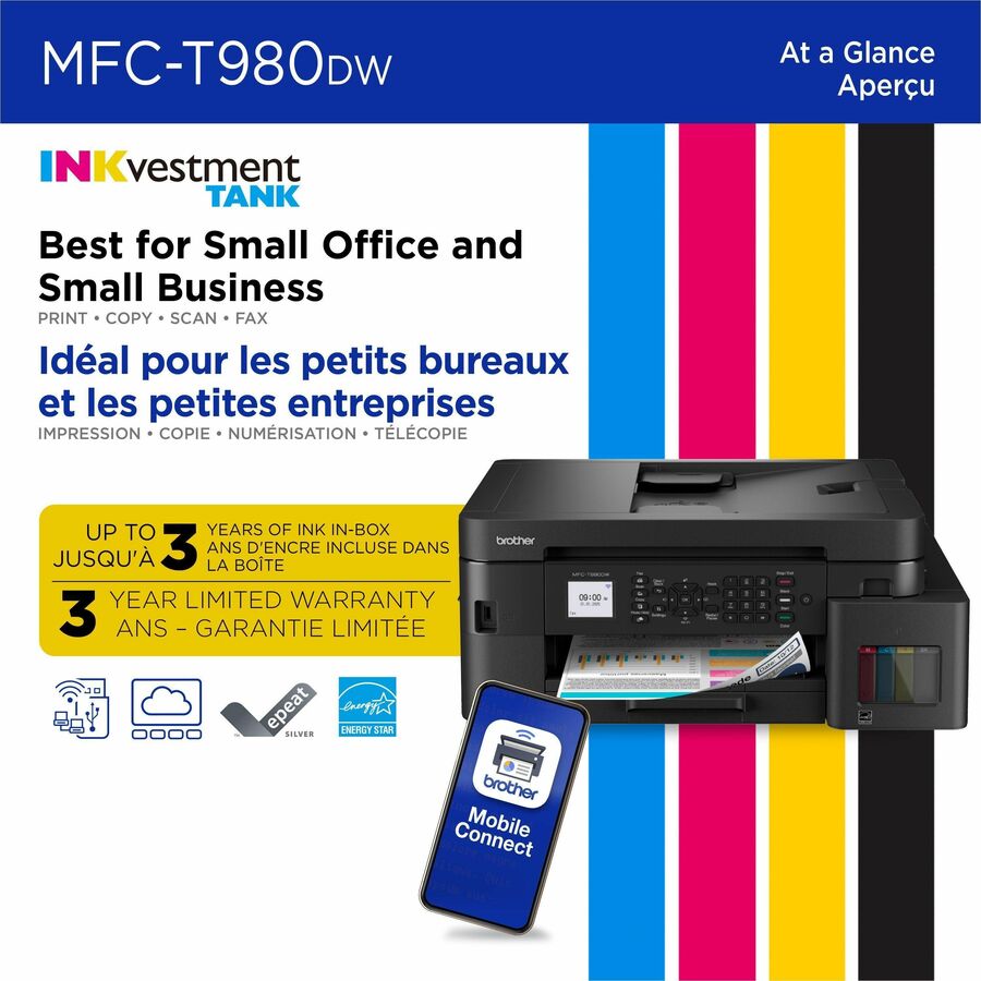 Brother MFC-T980DW Wired & Wireless INKvestment Tank Inkjet Multifunction Printer - Color - MFCT980DW
