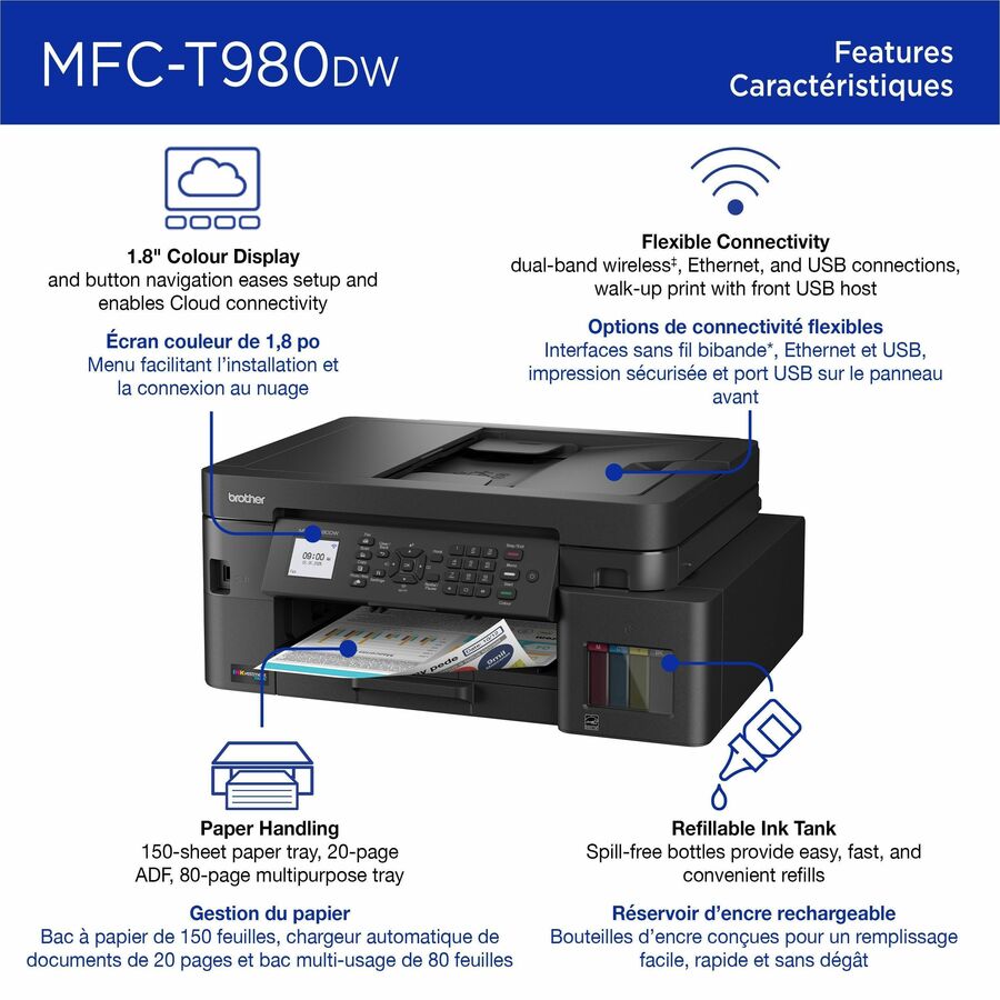 Brother MFC-T980DW Wired & Wireless INKvestment Tank Inkjet Multifunction Printer - Color - MFCT980DW