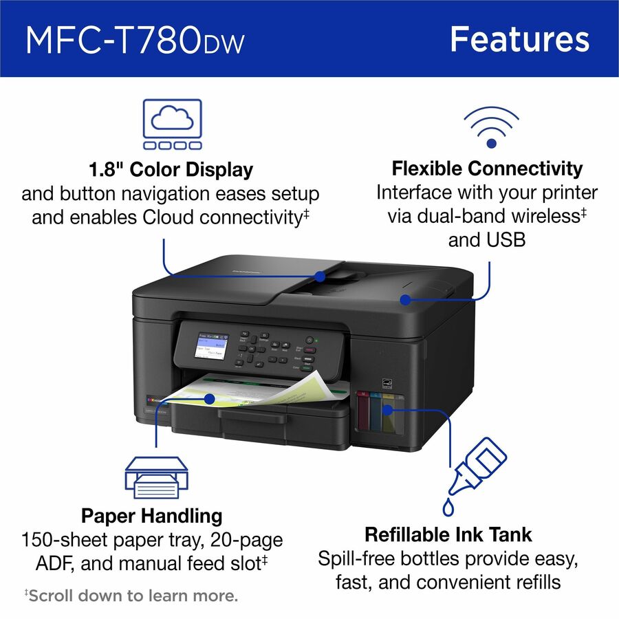 Brother MFC-T780DW Wired & Wireless INKvestment Tank Inkjet Multifunction Printer - Color - MFCT780DW