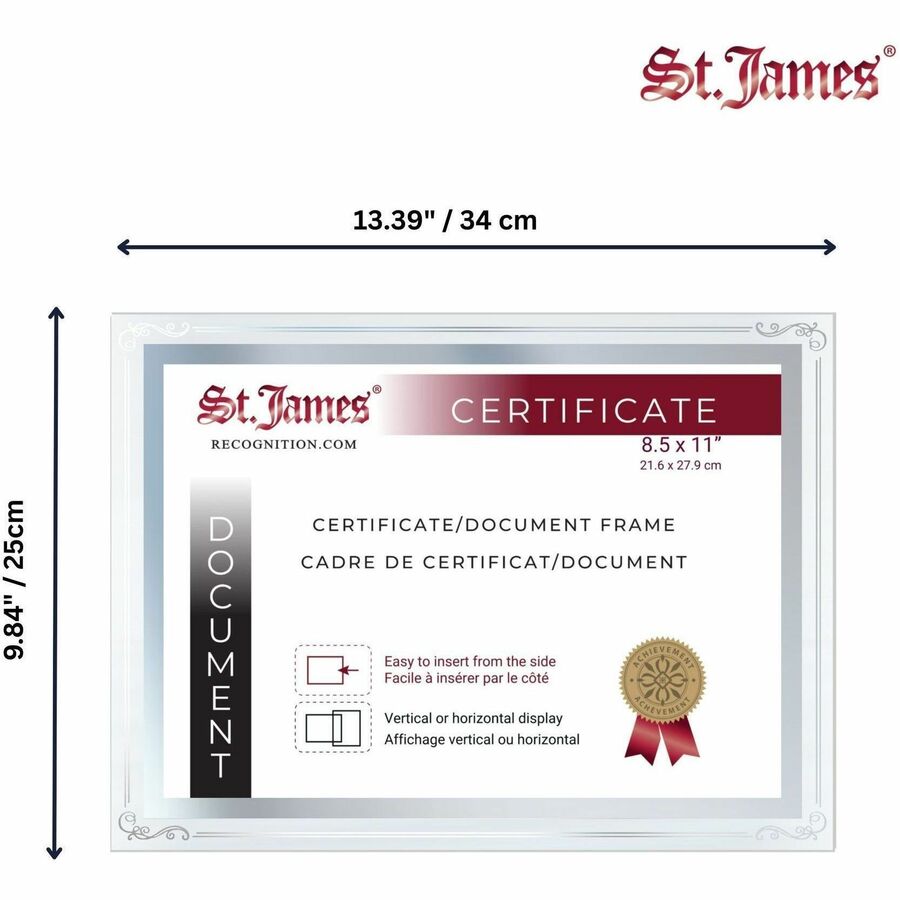St. James&reg; Glass Frames for 8.5" x 11" Certificates, Diplomas & Documents, Decorative Border, Silver Foil, Pack of 2 - 83946