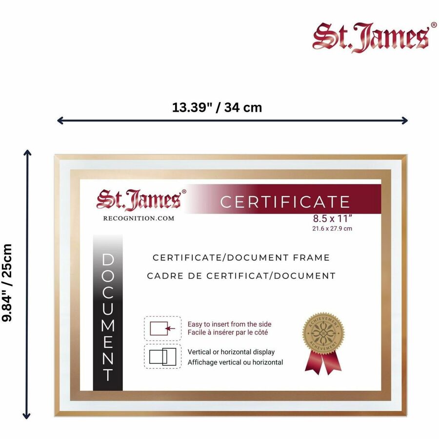 St. James&reg; Glass Frames for 8.5" x 11" Certificates, Diplomas & Documents, Clean Line Border, Gold Foil, Pack of 2 - 83940