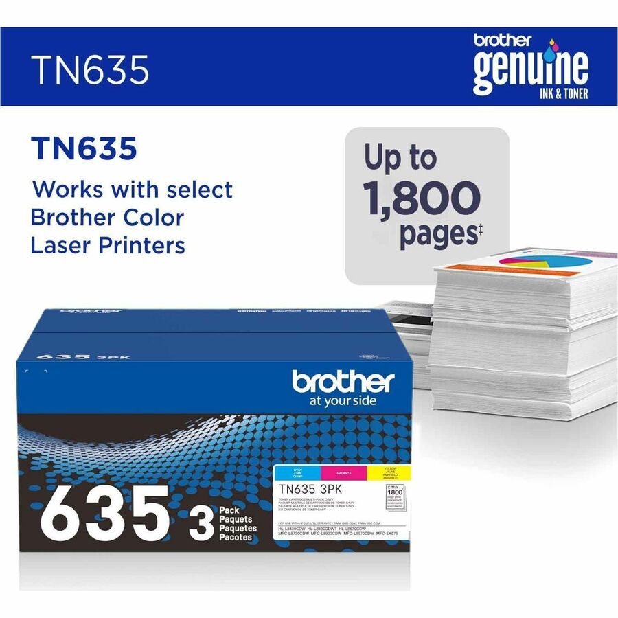Brother TN635 Original Standard Yield Laser Toner Cartridge - Cyan, Magenta, Yellow - 1 Each - TN6353PK