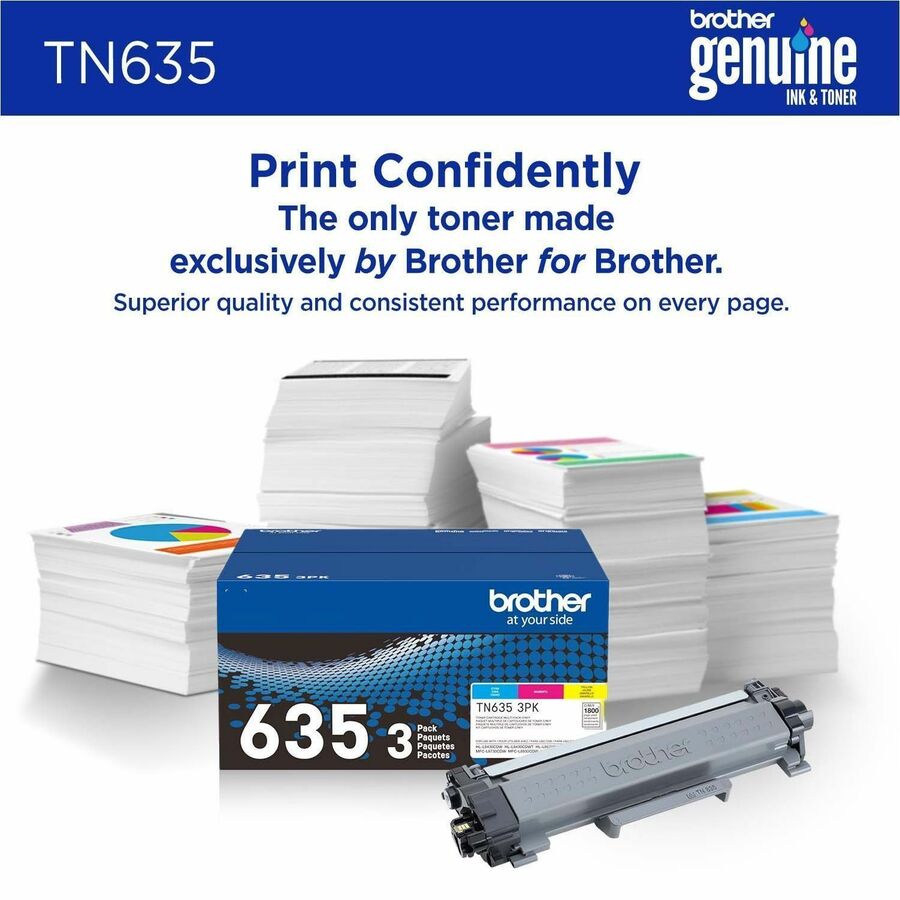 Brother TN635 Original Standard Yield Laser Toner Cartridge - Cyan, Magenta, Yellow - 1 Each - TN6353PK
