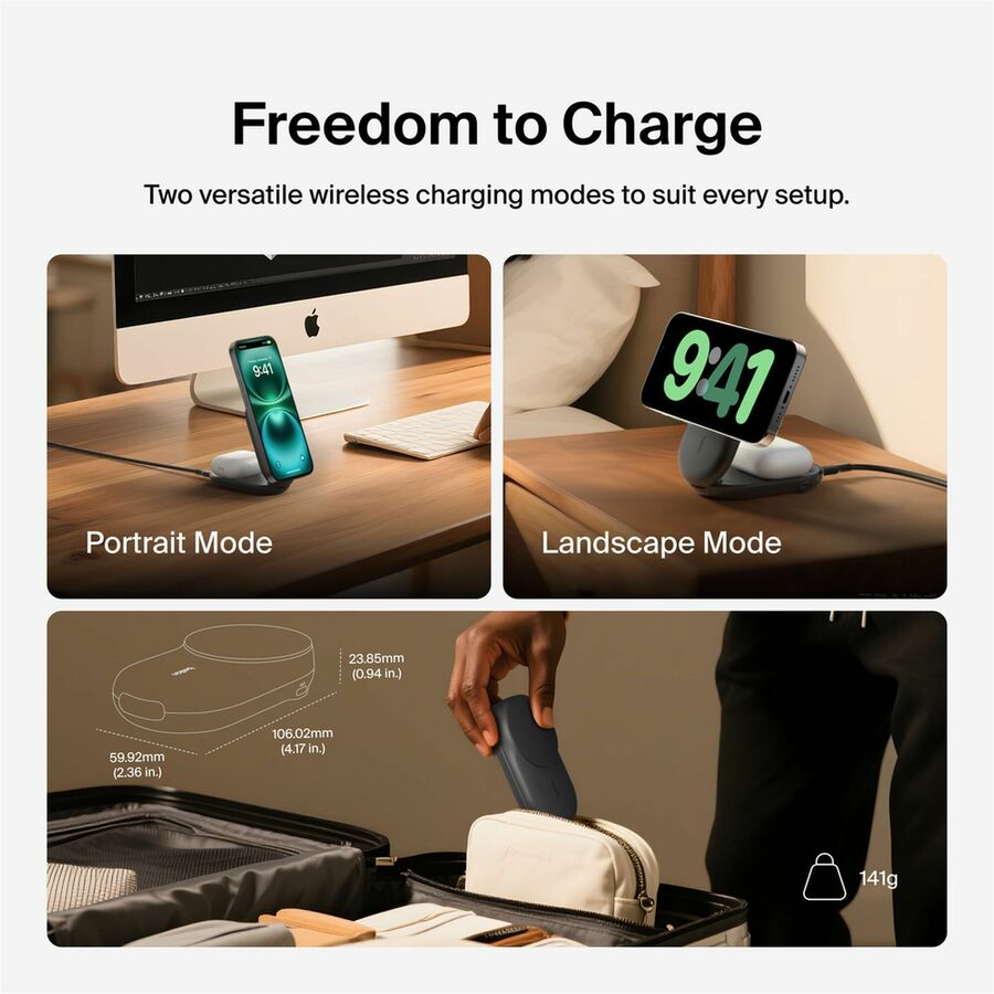 Belkin 25W 2-in-1 Wireless Foldable Magnetic Qi2 Charging Pad for Smartphones & Airpods - USB-C Port - Black - WIZ039ttBK