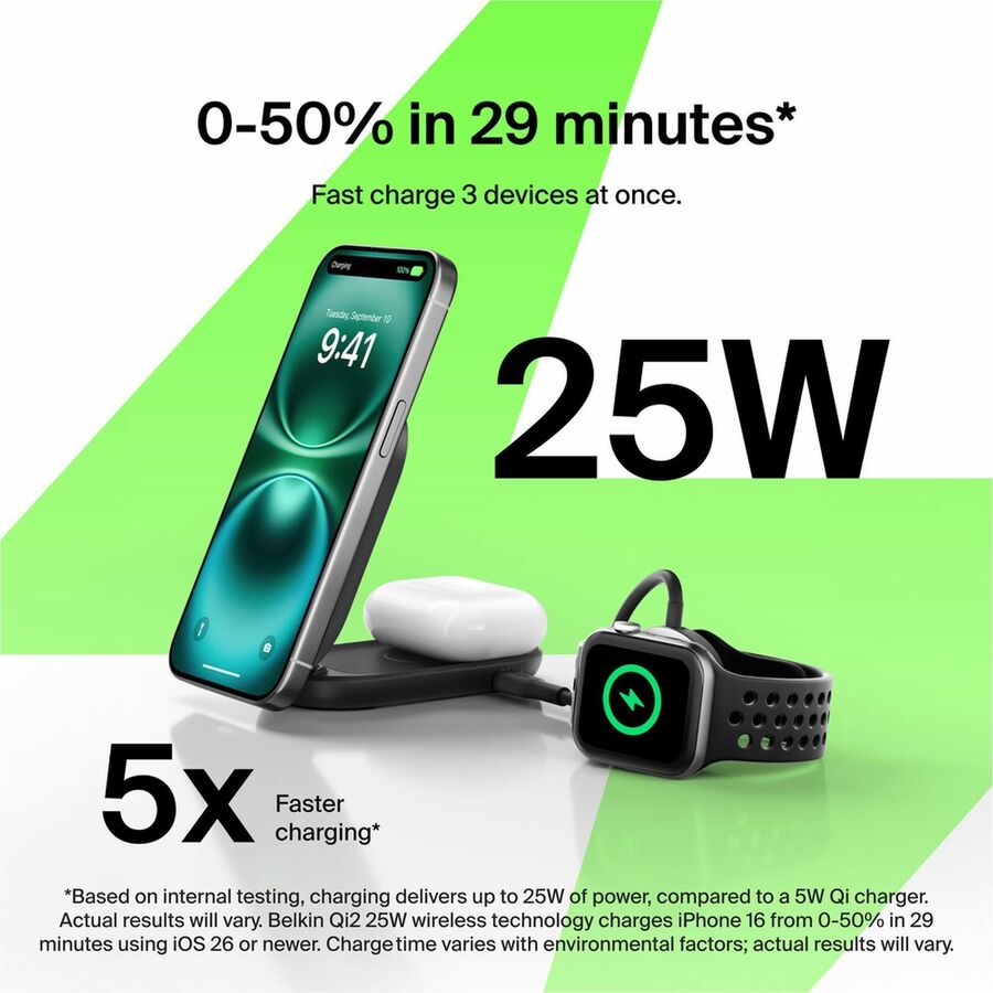 Belkin 25W 2-in-1 Wireless Foldable Magnetic Qi2 Charging Pad for Smartphones & Airpods - USB-C Port - Black - WIZ039ttBK