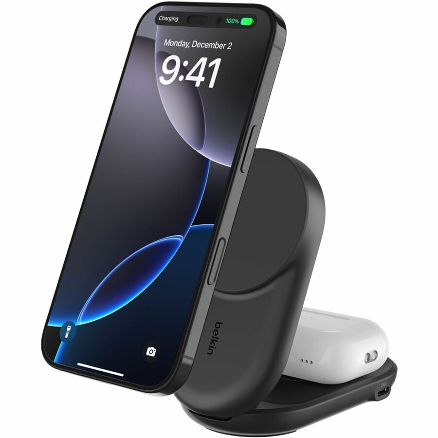 Belkin 25W 2-in-1 Wireless Foldable Magnetic Qi2 Charging Pad for Smartphones & Airpods - USB-C Port - Black - WIZ039ttBK