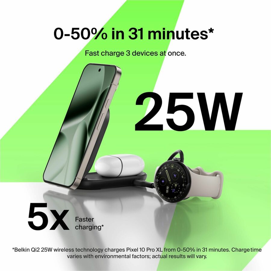 Belkin 25W 2-in-1 Wireless Foldable Magnetic Qi2 Charging Pad for Smartphones & Airpods - USB-C Port - Black - WIZ039ttBK