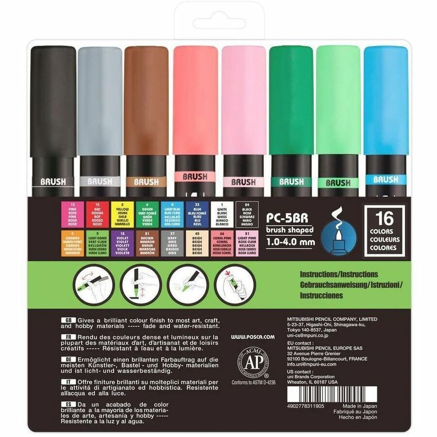 uni&reg; POSCA PC-5BR, Water-Based Paint Brush Tip Markers (16 Pack) - 311902000