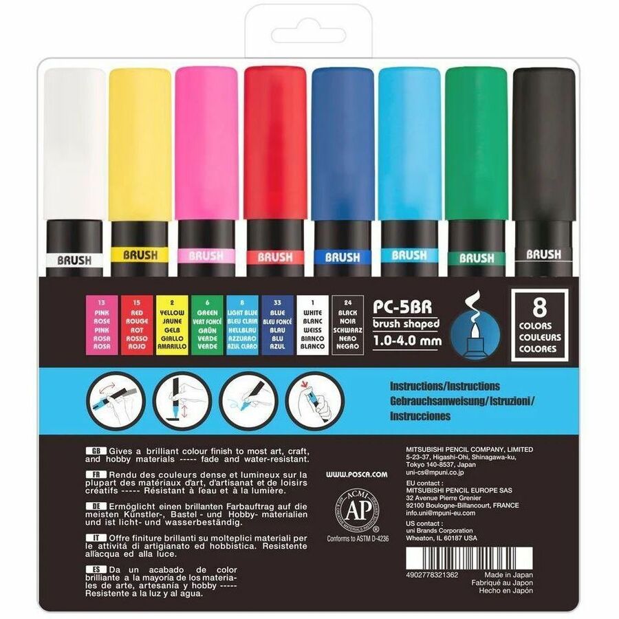 uni&reg; POSCA PC-5BR, Water-Based Brush Tip Paint Markers (8 Pack) - 321364000
