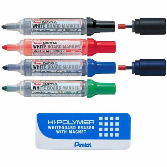 Pentel Easyflo White Board Marker with Board Eraser Set - Bullet Point (6.0mm)