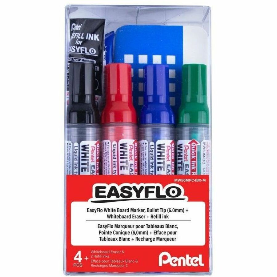 Pentel Easyflo White Board Marker with Board Eraser Set - Bullet Point (6.0mm) - MW50MPC4BXM