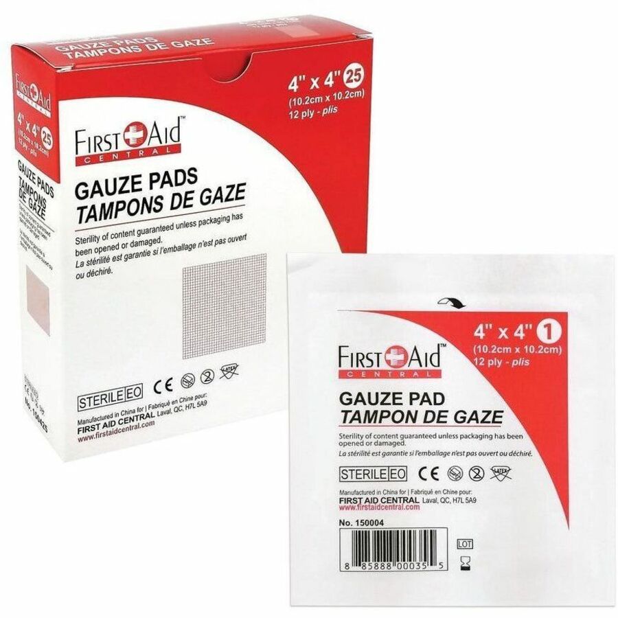 First Aid Central Gauze Pads, Sterile, 12 Ply (2" , 3" , or 4")